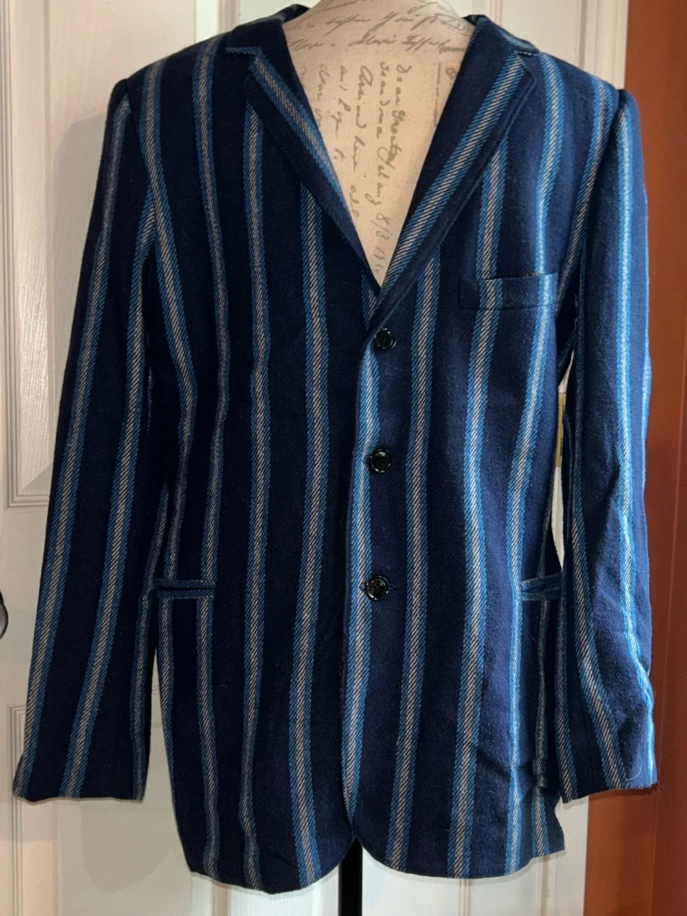 Vintage Men’s Stripe Blazer Navy Blue Wool Blend Made In England Unisex Style